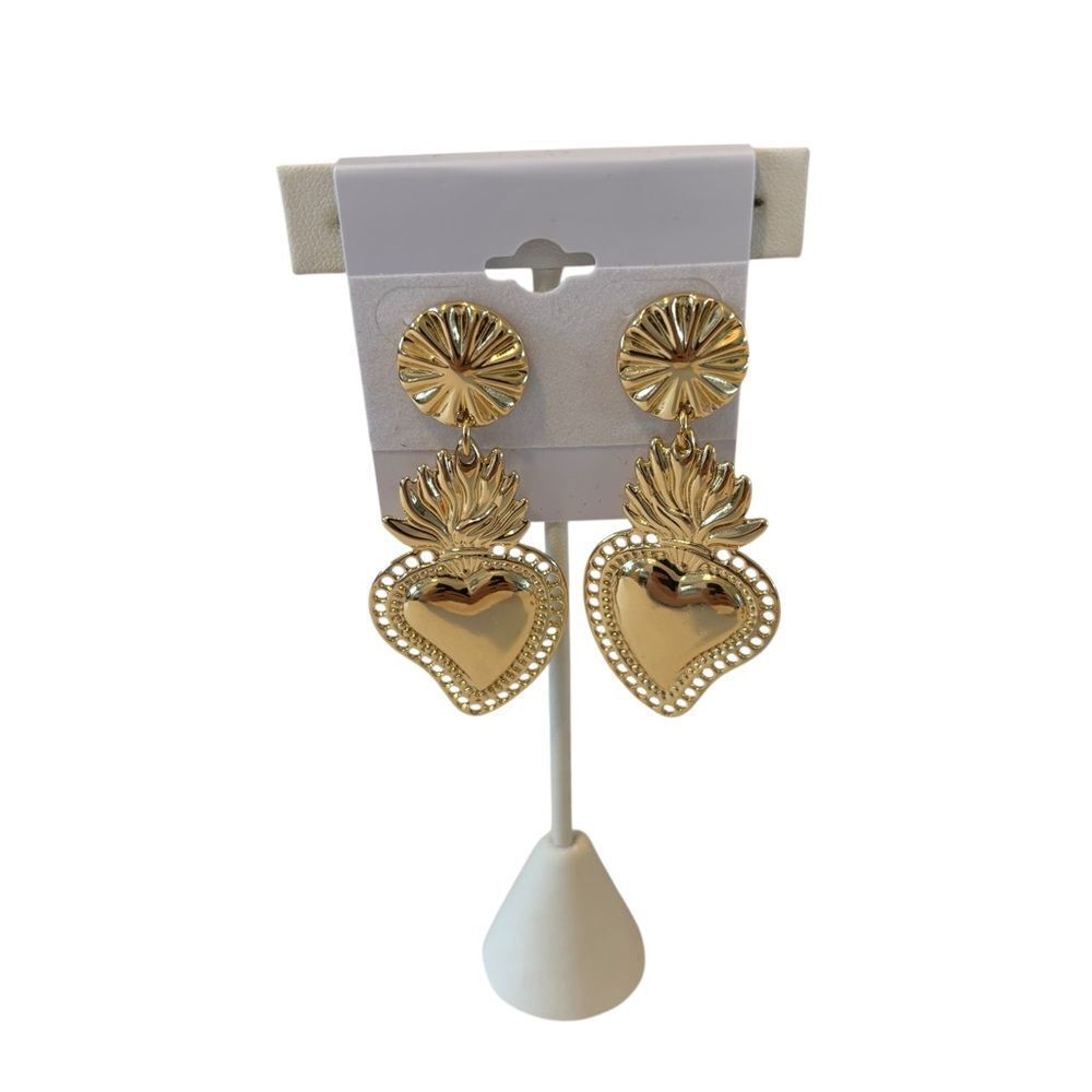 Gold Tone Heart Pendant Dangle Drop Earrings with Textured Design.